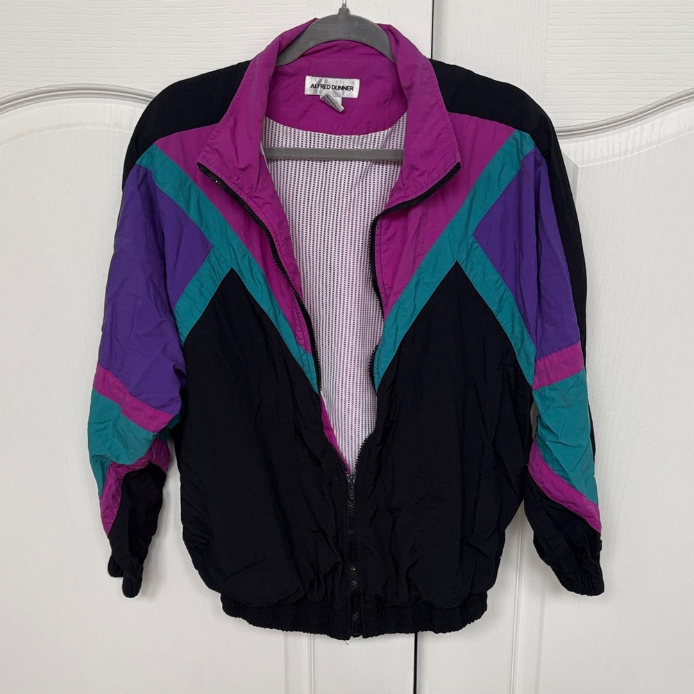 Alfred Dunner Black Windbreaker Jacket with Purple and Teal Colorblock
